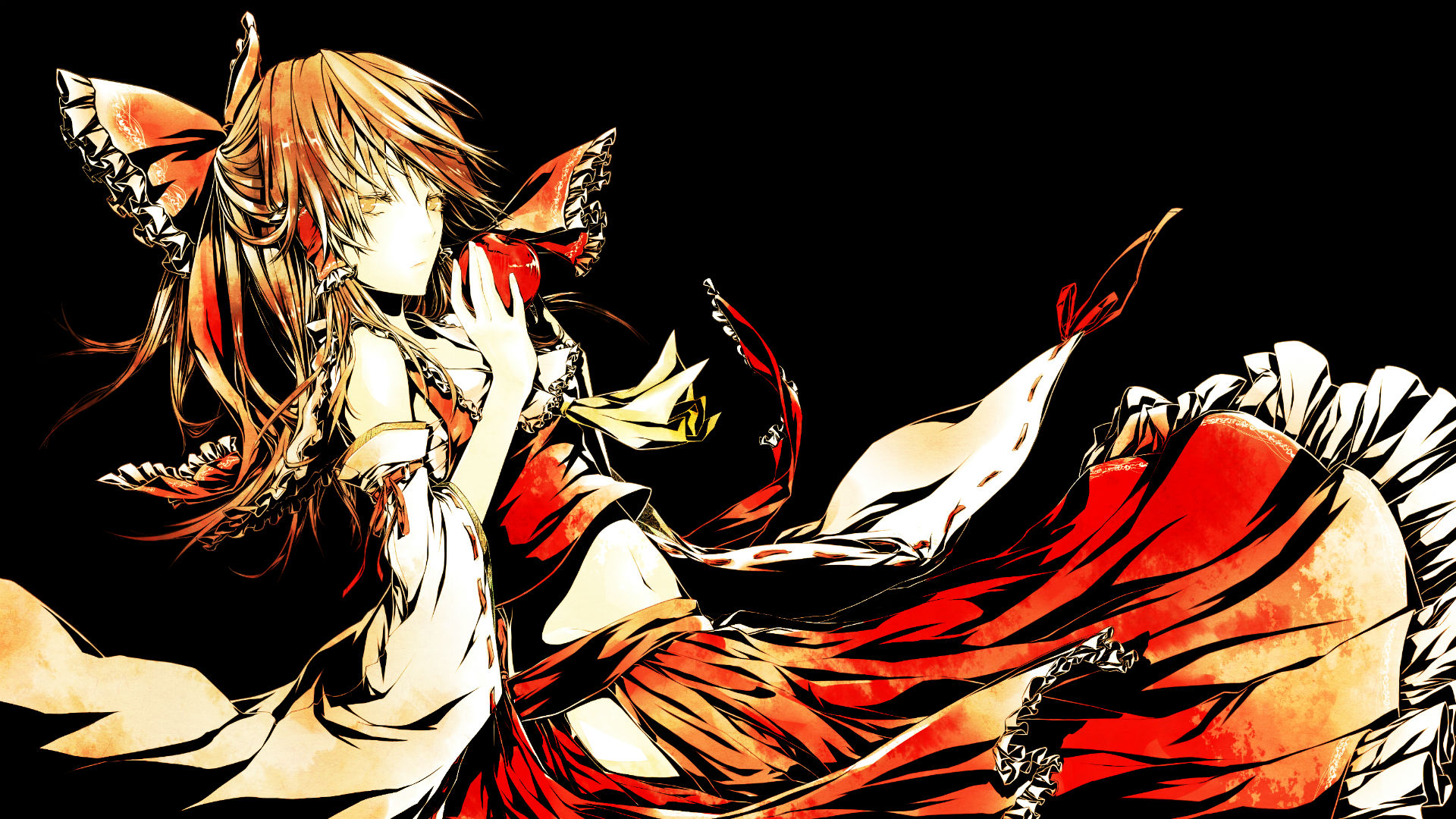 bow, Brown, Eyes, Brown, Hair, Dlei, Food, Hakurei, Reimu, Monochrome, Touhou Wallpaper