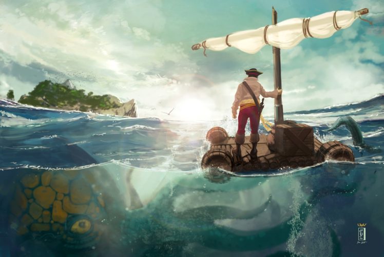 art, Raft, Sea, Island, Man, Monster, Octopus, Danger HD Wallpaper Desktop Background