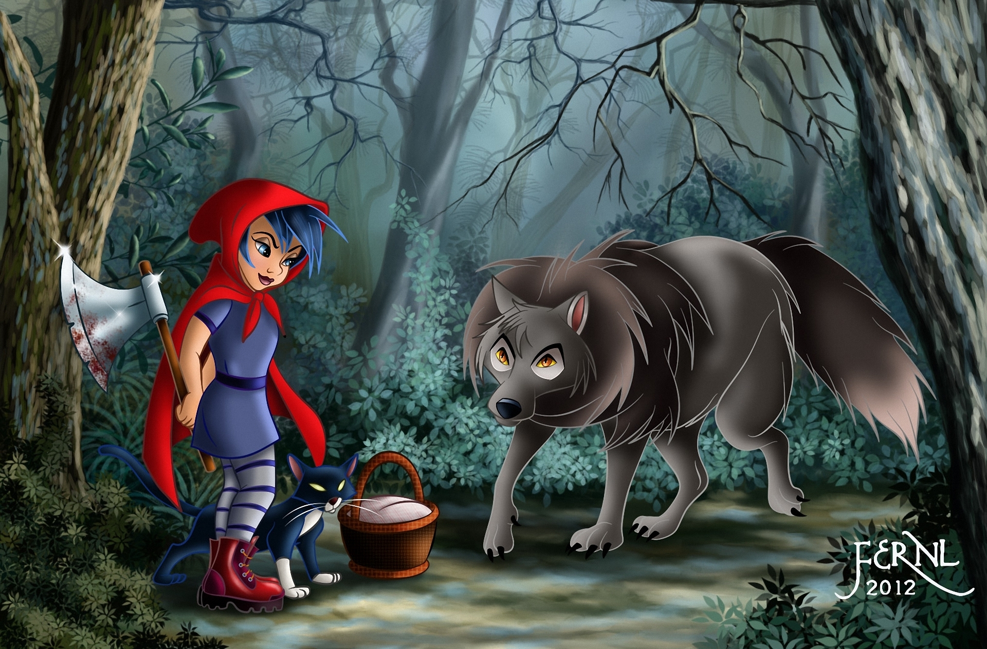 art, Red, Riding, Hood, The, Wolf, The, Ax, The, Cat, Krzina Wallpaper