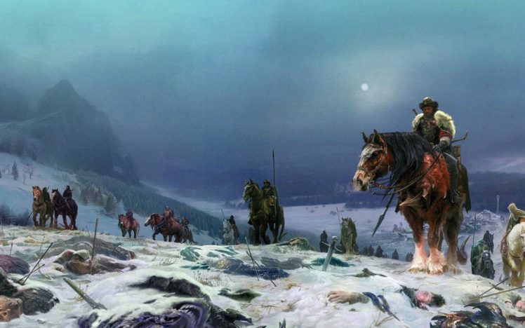 earth, Without, Joy, Nick, Perumov, Annals, Hervarda, Fantasy, Moon, Soldiers, Horses, Winter, Snow, Scene, Of, The, Battle, Drawing, Art HD Wallpaper Desktop Background