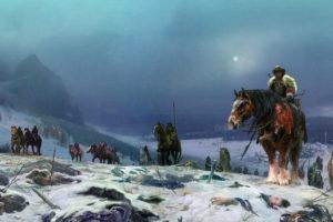 earth, Without, Joy, Nick, Perumov, Annals, Hervarda, Fantasy, Moon, Soldiers, Horses, Winter, Snow, Scene, Of, The, Battle, Drawing, Art