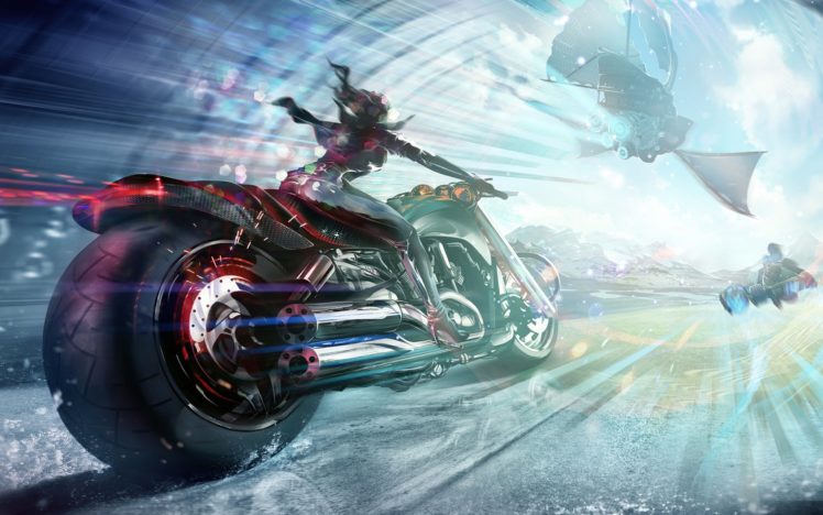 sci fi, Art, Artwork, Motorbike, Chopper, Girl, Motorcycle, Bike, Spaceship HD Wallpaper Desktop Background