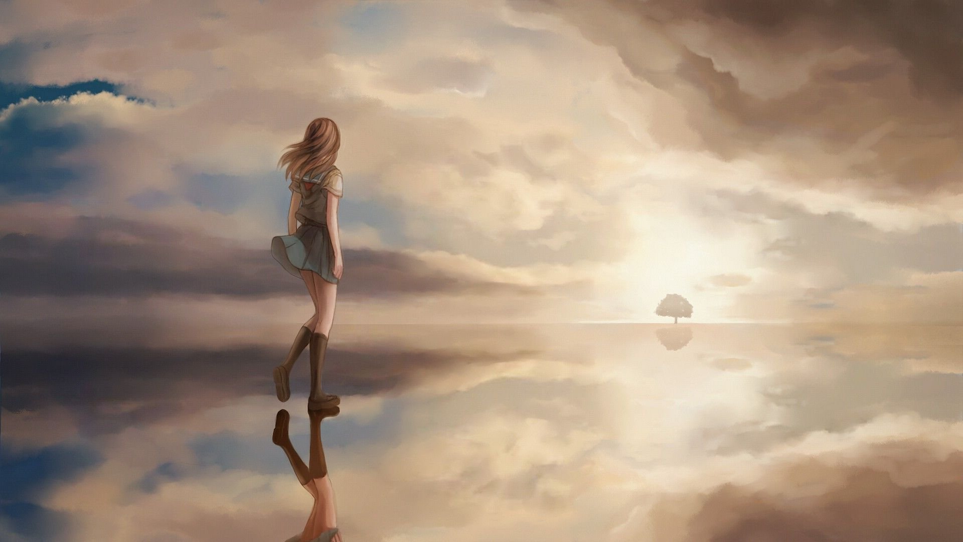 girl walking on the shiny field anime Wallpaper