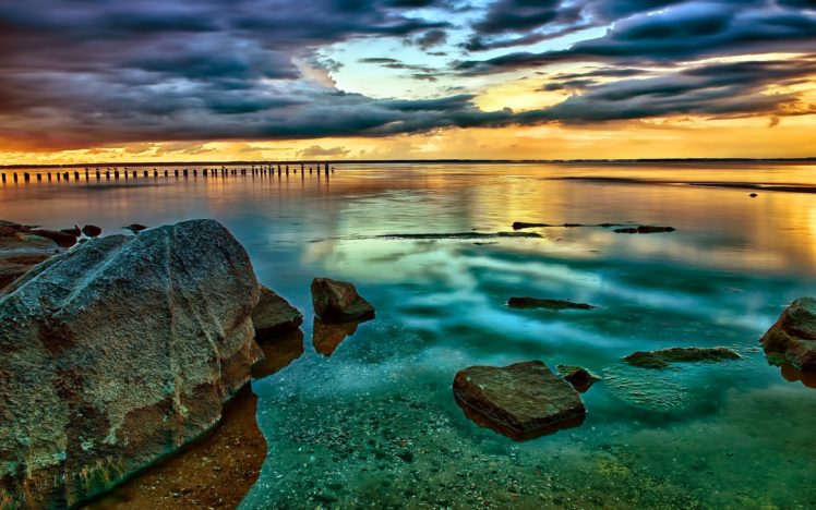 sea, Sunset, Rocks, Landscape HD Wallpaper Desktop Background