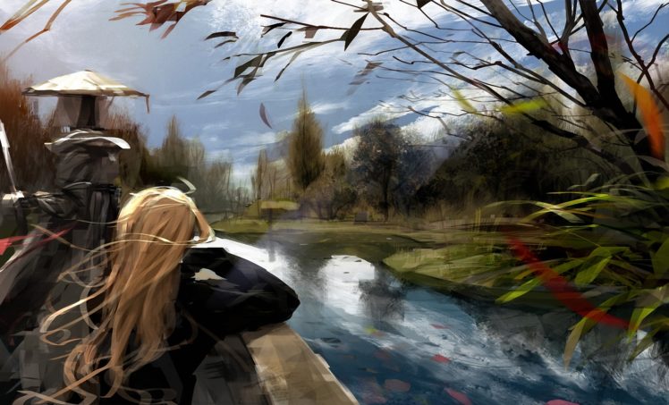 drawing, Art, Girl, Long, Haired, Blonde, River, Trees, Wind, Clouds HD Wallpaper Desktop Background