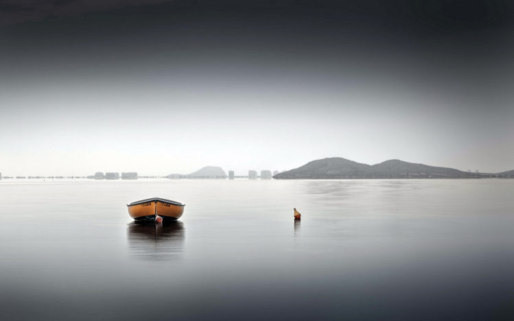 boat, Buoy, Mountains, Horizon, Sky, Lakes, Sea, Ocean, Reflection HD Wallpaper Desktop Background