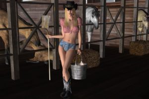 arts,  , 3d, Drawing, Girl, Women, Blonde, Cowgirl, Cleaning, Hat, Shovel, Hay
