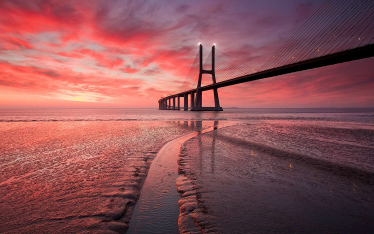 bridge, Ocean, Beach, Sunset HD Wallpaper Desktop Background