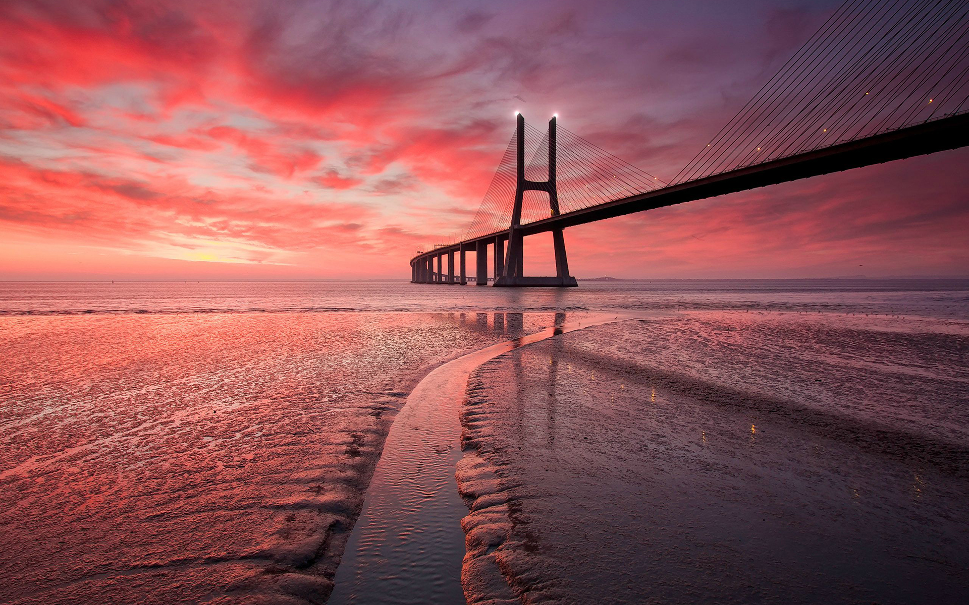 bridge, Ocean, Beach, Sunset Wallpaper