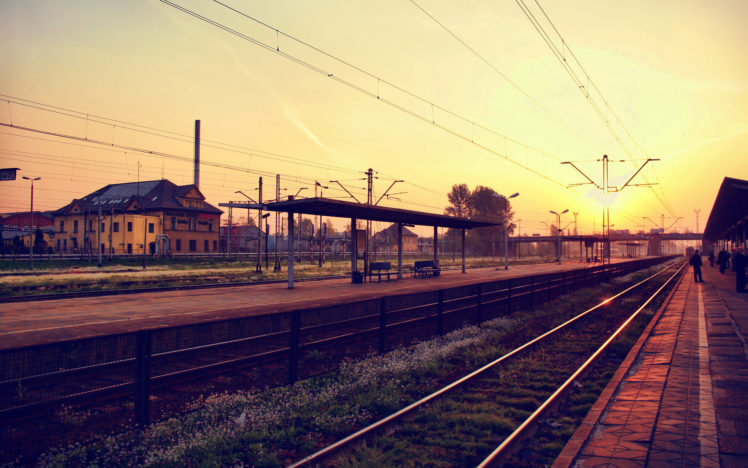 train, Sunset, Railroad, Rails, Buildings HD Wallpaper Desktop Background