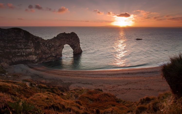 england, West, Lulworth, Sunset, Sea, Rocks, Landscape, Beaches HD Wallpaper Desktop Background