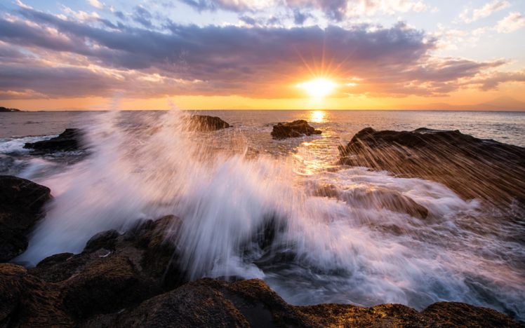 japan, Kanagawa, Prefecture, Bay, Beach, Rocks, Surf, Evening, Sunset, Sun, Rays, Sky, Clouds HD Wallpaper Desktop Background