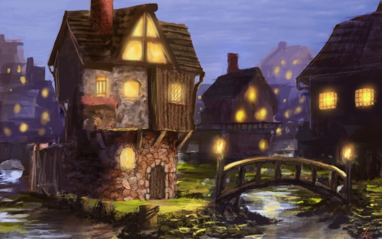 art, Town, Night, Lights, Houses, River, Bridge HD Wallpaper Desktop Background