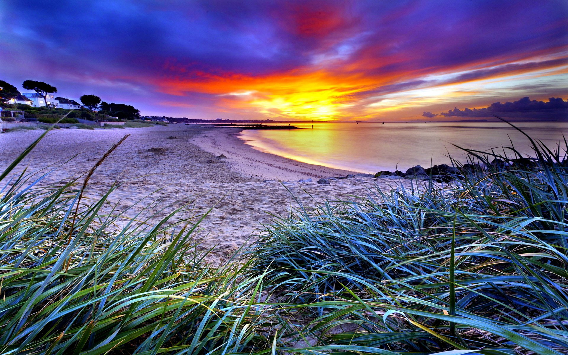 beach, Sand, Coast, Beaches, Green, Grass, Horizon, Sky, Clouds, Dawn, Sunset Wallpaper