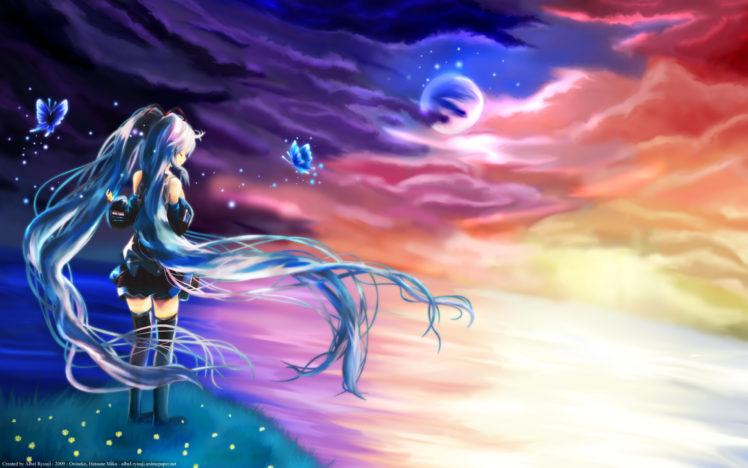 blue, Hair, Butterfly, Flowers, Hatsune, Miku, Onineko, Vocaloid HD Wallpaper Desktop Background