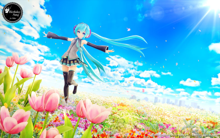chuukarudoruhu, City, Clouds, Flowers, Hatsune, Miku, Sky, Thighhighs, Twintails, Vocaloid, Zettai, Ryouiki HD Wallpaper Desktop Background
