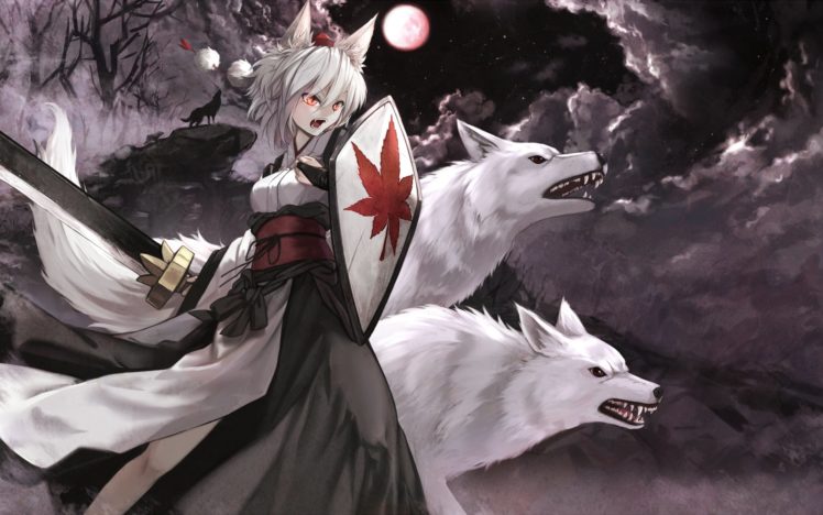 animal, Ears, Cloudy, R, Fang, Inubashiri, Momiji, Japanese, Clothes, Moon, Polychromatic, Red, Eyes, Sword, Touhou, Tree, Weapon, Wolf, Wolfgirl HD Wallpaper Desktop Background