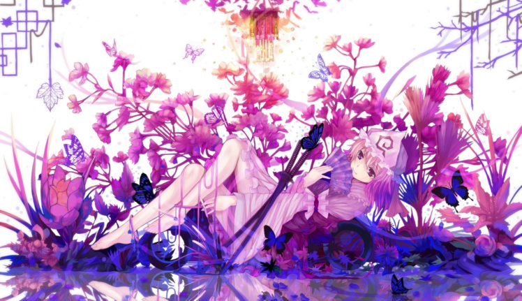 barefoot, Butterfly, Dead, Line, Dress, Fan, Flowers, Hat, Katana, Pink, Hair, Purple, Eyes, Saigyouji, Yuyuko, Sword, Touhou, Weapon HD Wallpaper Desktop Background