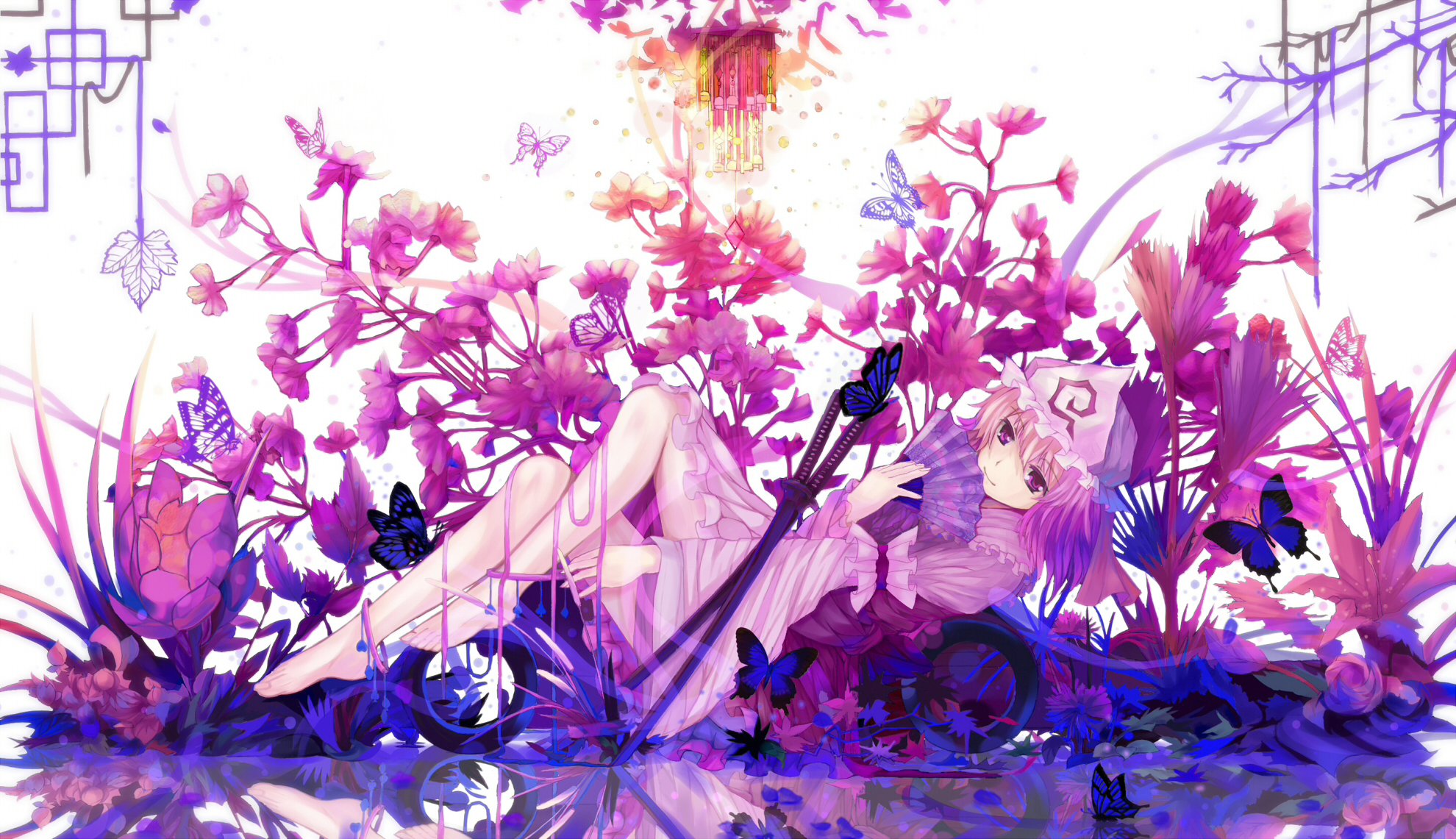 Barefoot Butterfly Dead Line Dress Fan Flowers Hat Katana Pink Hair Purple Eyes 8859