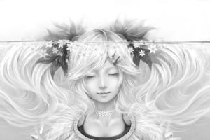 bouno, Satoshi, Flowers, Long, Hair, Monochrome, Necklace, Original, Signed, Twintails, Underwater, Water, White