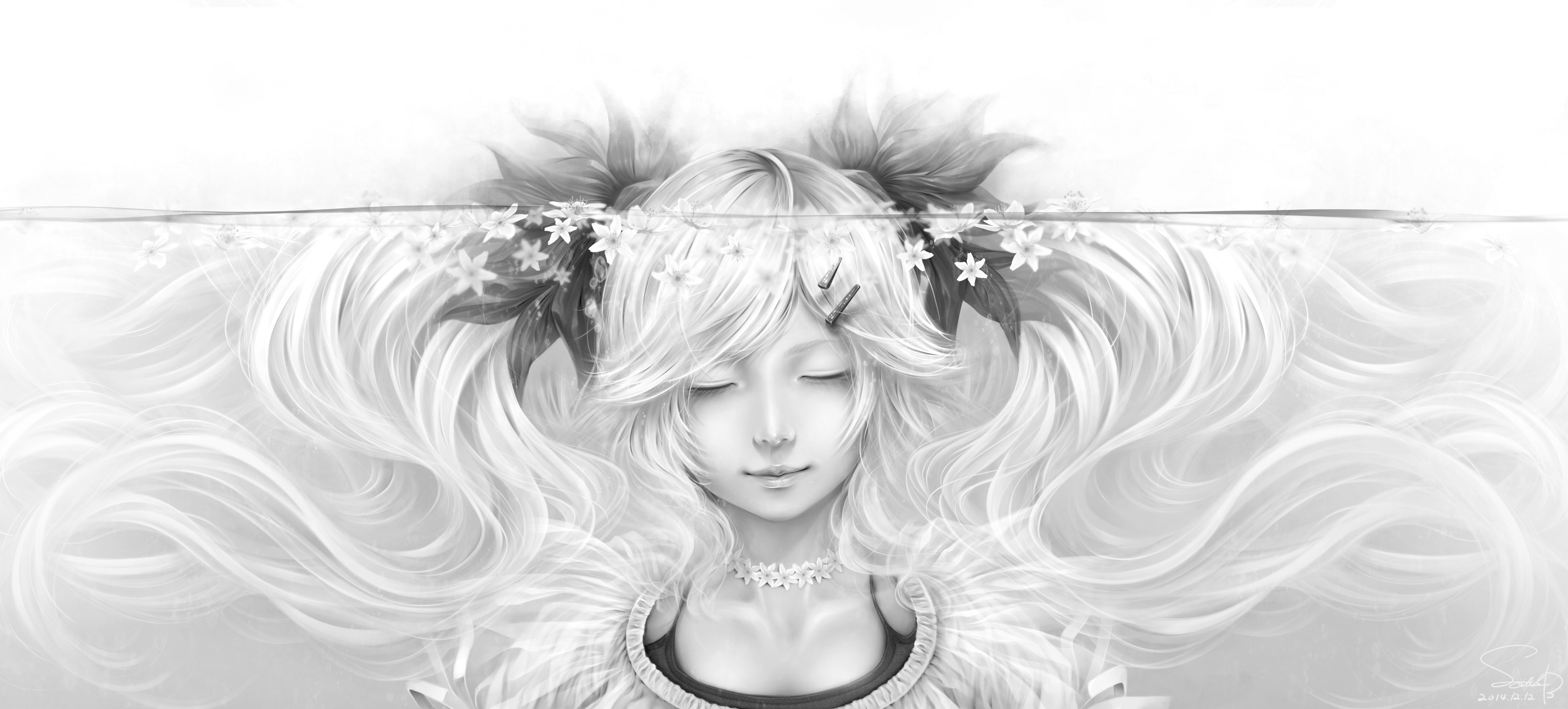 bouno, Satoshi, Flowers, Long, Hair, Monochrome, Necklace, Original, Signed, Twintails, Underwater, Water, White Wallpaper