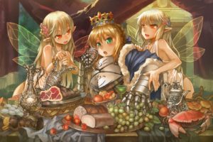 armor, Blonde, Hair, Crown, Drink, Fairy, Fate, Stay, Night, Food, Fruit, Long, Hair, Madcocoon, Pointed, Ears, Saber, Wings