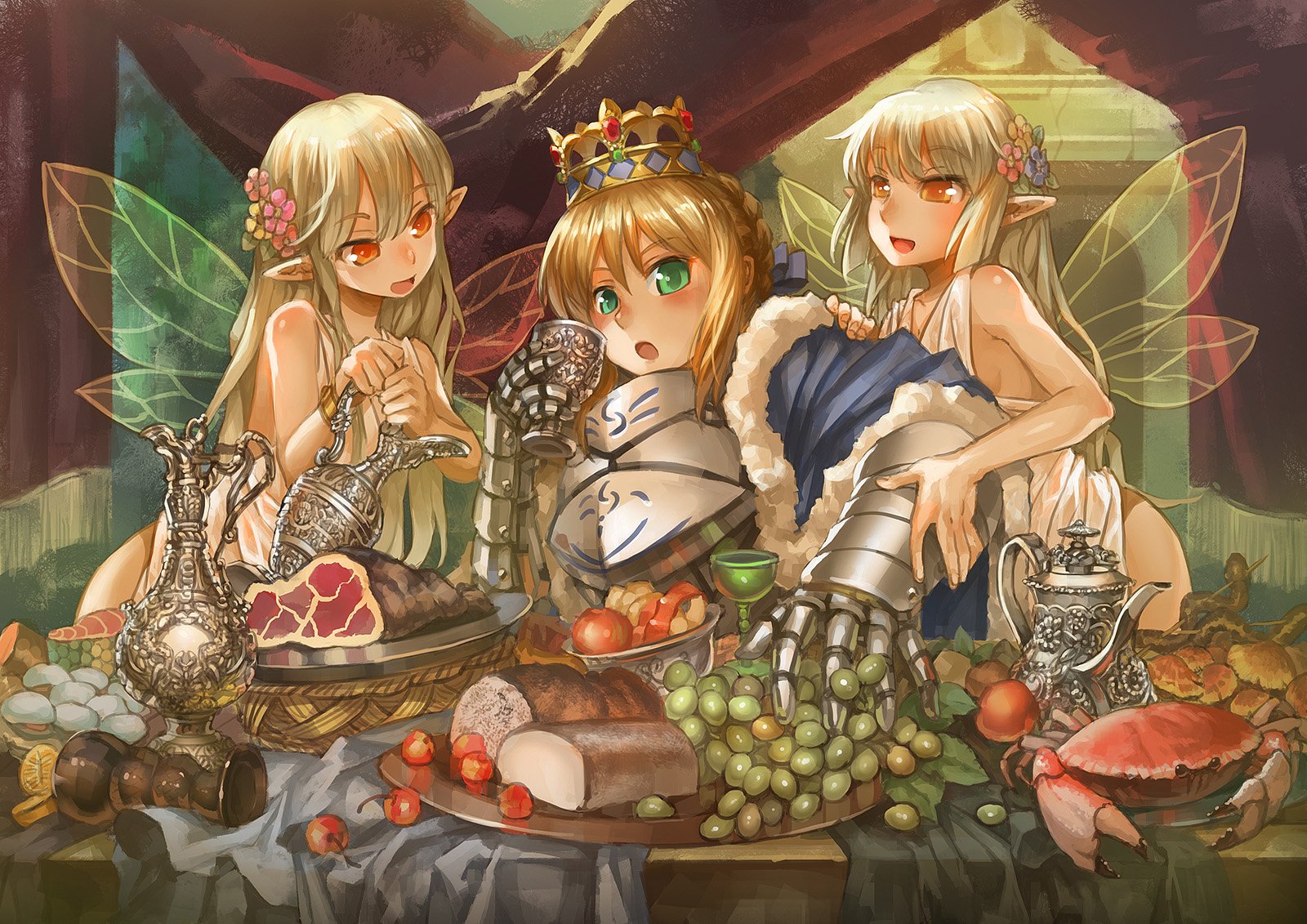 armor, Blonde, Hair, Crown, Drink, Fairy, Fate, Stay, Night, Food, Fruit, Long, Hair, Madcocoon, Pointed, Ears, Saber, Wings Wallpaper