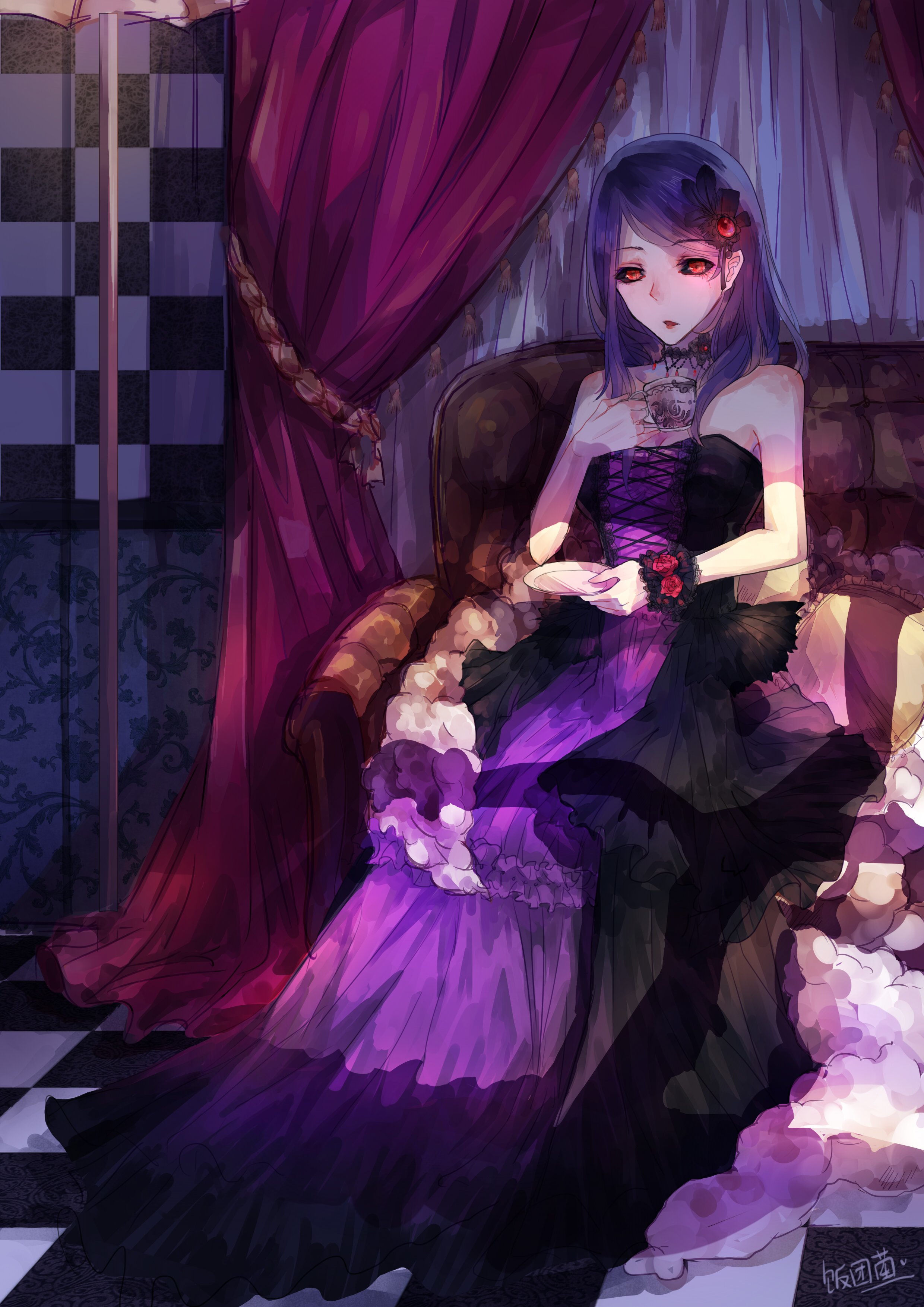 tokyo, Kushu, Kamishiro, Rize, Checkered, Floor, Sitting, On, Couch, Cuffs, Design Wallpaper