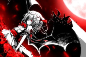 dress, Flowers, Hat, Monochrome, Moon, Red, Red, Eyes, Remilia, Scarlet, Short, Hair, Tan,  carbon , Touhou, Vampire, Wings
