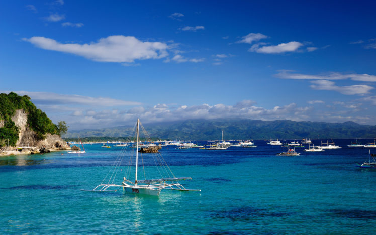 sea, Sun, Boats, Catamaran, Beach, Clouds HD Wallpaper Desktop Background