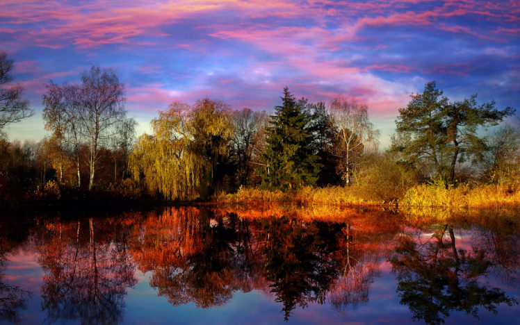 sunset, Lake, Trees, Landscape, Reflection HD Wallpaper Desktop Background