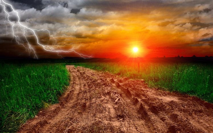 sunset, Lightning, Road, Landscape HD Wallpaper Desktop Background