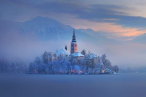 slovenia, Bled, Lake, Mountain, Island, Fog, Home, Church, Winter