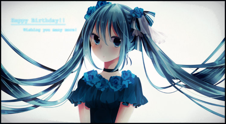 blush, Bow, Choker, Close, Flowers, Hatsune, Miku, Rinndouk, Twintails, Vocaloid HD Wallpaper Desktop Background
