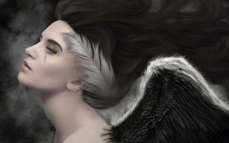 angel, Cry, Tears, Sadness, Wings, Longhair, Fantasy HD Wallpaper Desktop Background
