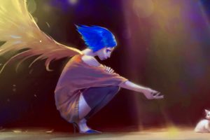 anime, Angel, Wings, Cat, Sadness, Rain, Dark