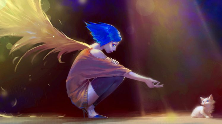 anime, Angel, Wings, Cat, Sadness, Rain, Dark HD Wallpaper Desktop Background