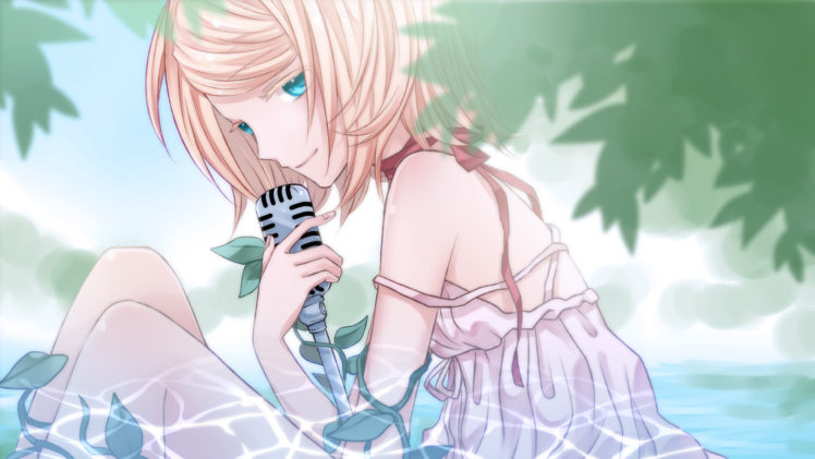 dress, Kagamine, Rin, Microphone, Ribbons, Summer, Dress, Vocaloid, Water, Yayoi,  egoistic, Realism HD Wallpaper Desktop Background