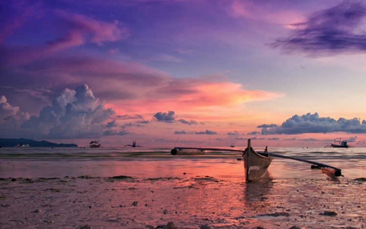 philippines, Island, Ocean, Beach, Boat, Evening, Sunset, Sky, Clouds, Beaches, Watercraft, Sea HD Wallpaper Desktop Background