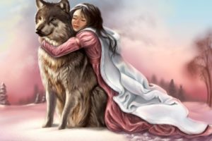 painting, Fantasy, Girl, Pink, Dress, Face, Eyes, Closed, Hands, Hugging, Wolf, Animal, Snow, Winter