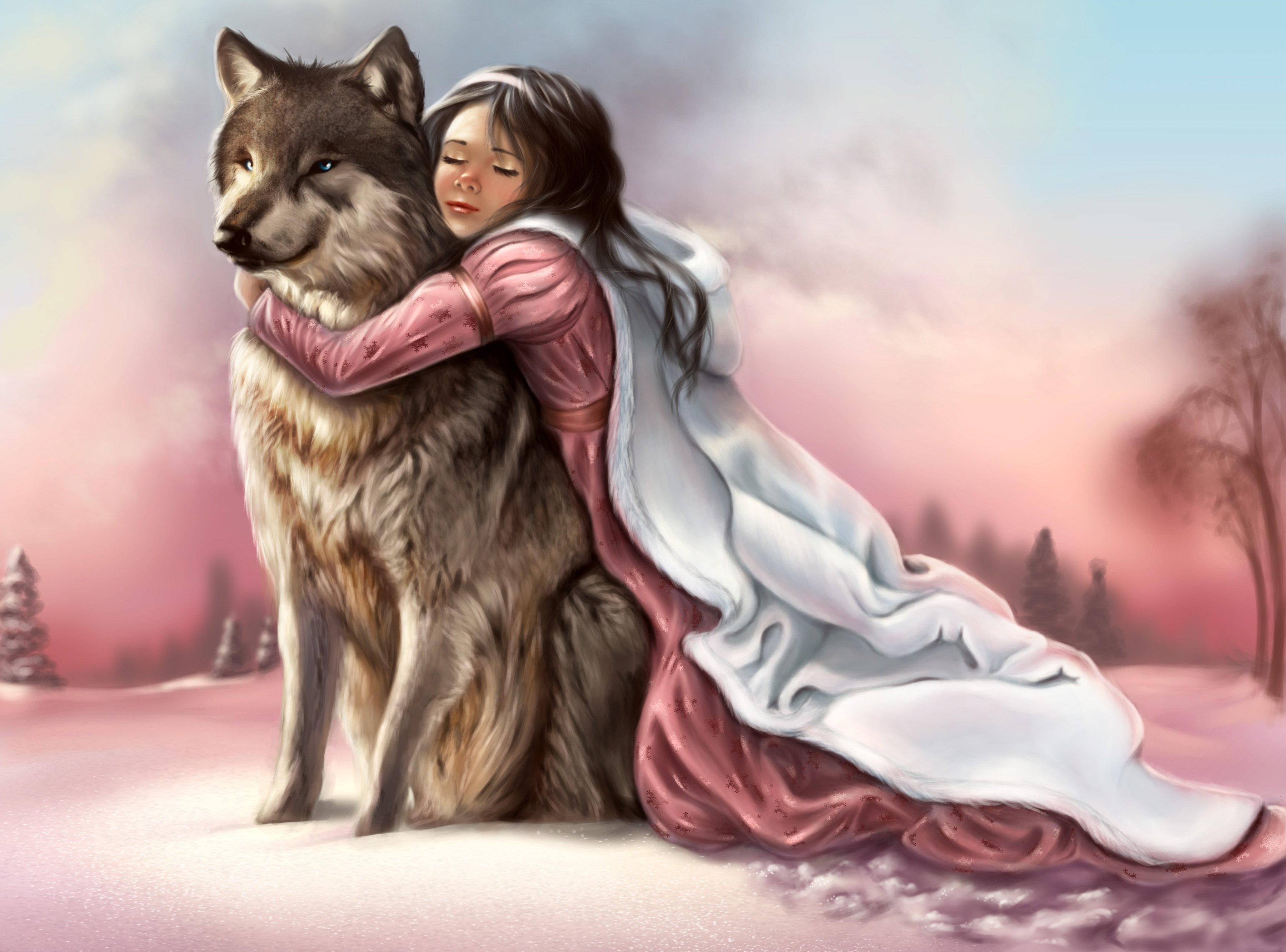 painting, Fantasy, Girl, Pink, Dress, Face, Eyes, Closed, Hands, Hugging, Wolf, Animal, Snow, Winter Wallpaper