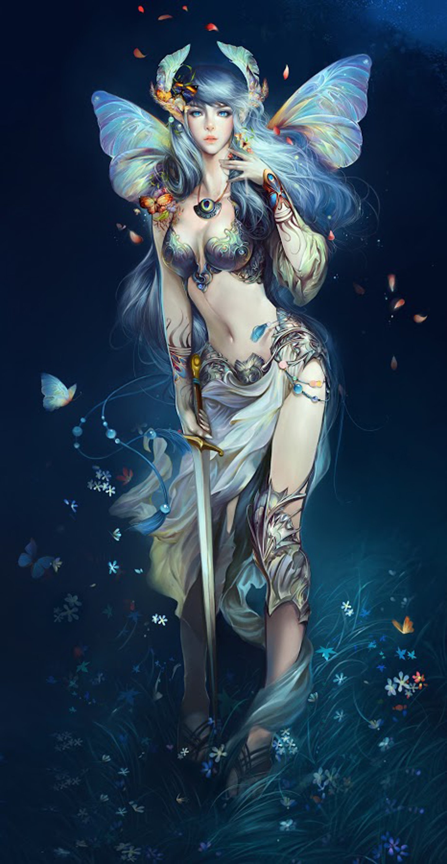fantasy, Girl, Beautiful, Flower, Dress, Animal, Butterfly, Beauty Wallpaper