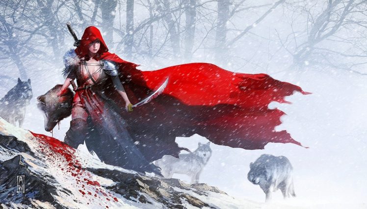 arts, Warrior, Sword, Red, Hood, Wolves, Snow, Girls HD Wallpaper Desktop Background