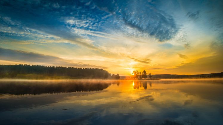 sunset, Sunrise, Lake, Fog, Mist, Sky, Clouds HD Wallpaper Desktop Background
