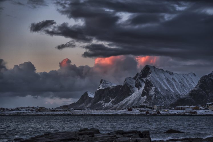 gloomy, Sky, Cloud, Mountain, Village, Seashore, Sea, Arctic, Scandinavia, Norway, Lofoten, Islands, Jusneset HD Wallpaper Desktop Background
