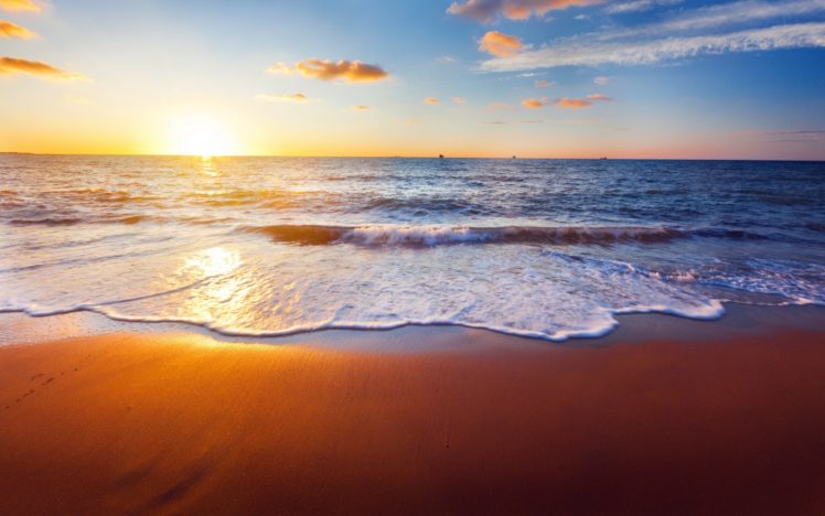 beach, Sunset, Sunrise, Waves, Ocean, Sea HD Wallpaper Desktop Background