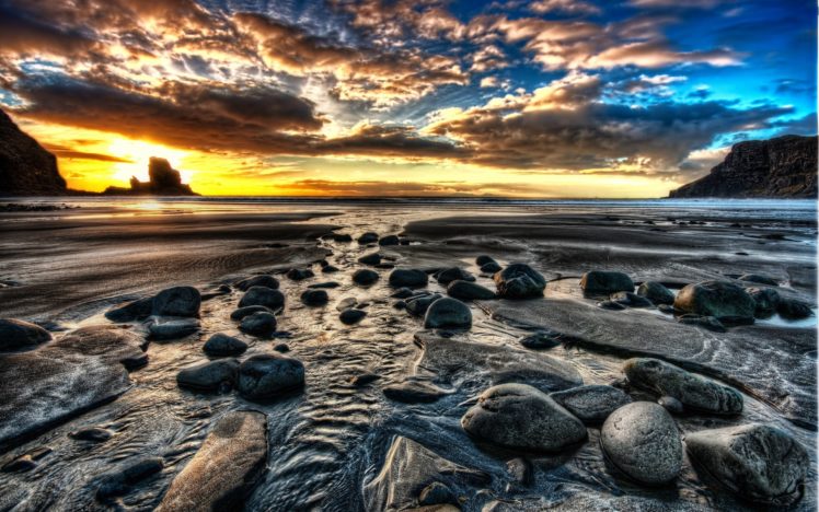 beach, Sunset, Sunrise, Beach, Rock, Stone, Shore, Coast, Sky, Clouds, Color, Ocean, Sea HD Wallpaper Desktop Background