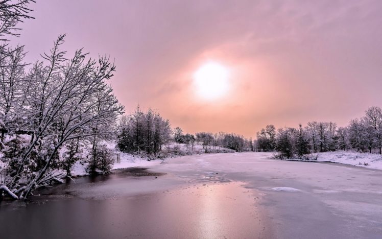 river, Snow, Winter, Sun, Landscape, Ice, Frozen, Sunrise, Sunset HD Wallpaper Desktop Background