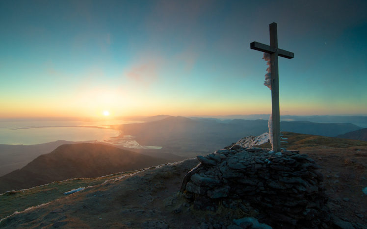 cross, Sunset, Landscape, Grave, Ocean, Sea, Mountains, Mood HD Wallpaper Desktop Background