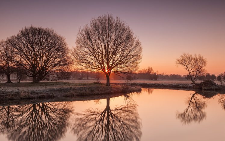 sunset, River, Nature, Night, Frost, Trees, Landscape, Sunrise, Fog, Reflection HD Wallpaper Desktop Background